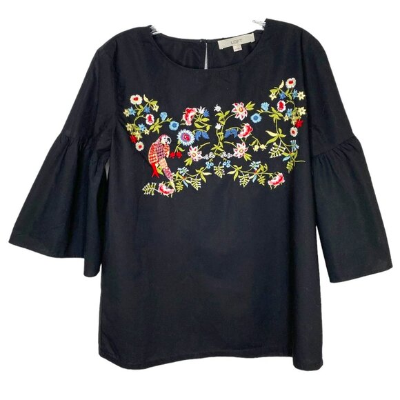 LOFT Tops - Loft Womens Black Embroidered Blouse with Bell Sleeves Size XS Boho Fairy Y2K